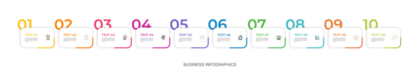 Modern vector flat illustration. Infographic numbers template with ten rectangles, elements, icons. Timeline designed for business, presentations, web design, interface, diagrams with 10 steps
