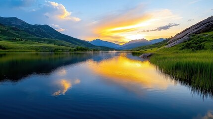 Obraz premium Serene sunset over a tranquil lake surrounded by mountains and lush greenery.