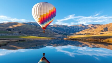 Fototapeta premium A hot air balloon ascending above rolling hills, reflecting dreams taking flight