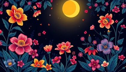 Night garden, blooming flowers, seamless pattern, hand-drawn vector illustration, wallpaper, flowers
