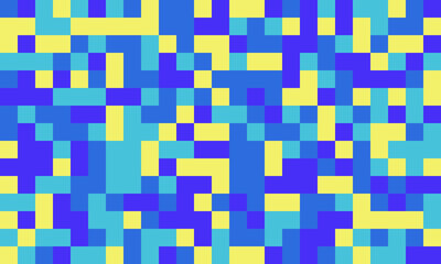 Abstract pixel art background. Vibrant blue, yellow, and teal squares create a dynamic, energetic design. Perfect for websites, presentations, or digital art projects.