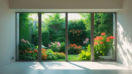 Fototapeta premium Interior view of a house with a glass window frame on a white wall