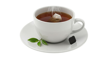 Isolated White Ceramic Cup of Hot Tea with Steam and Green Leaf
