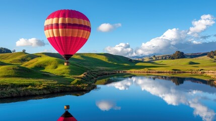 Fototapeta premium A hot air balloon ascending above rolling hills, reflecting dreams taking flight