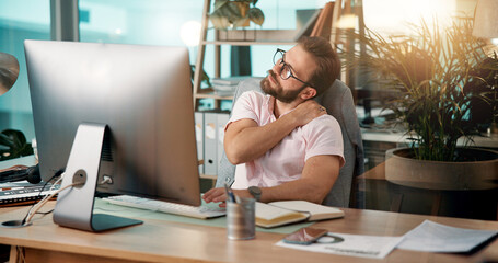 Businessman, neck pain and computer with injury for bad posture, overworked or stress at office...