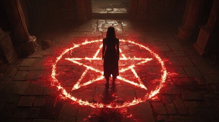A mysterious figure stands in an ancient, dimly lit room, surrounded by a glowing red pentagram inscribed on the stone floor