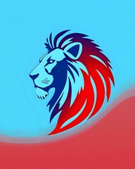 Fototapeta premium Stylized, high-contrast, blue and red negative space logo featuring a minimalist vector art representation of a majestic lion's head 