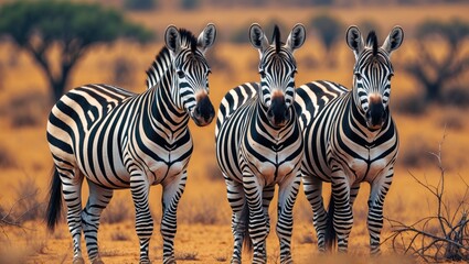 Obraz premium Zebras gather closely in the tall grass of the savannah.