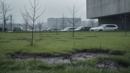 Fototapeta premium Urban landscape featuring young saplings amidst grass and vehicles, showcasing modern ecological integration with architecture.