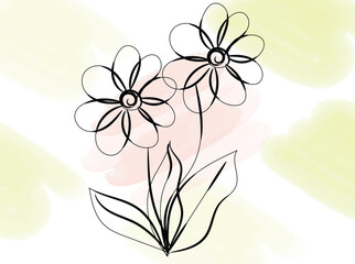 Elegant Line Art Flowers on Watercolor Background