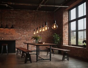 Stylish industrial dining area with wooden table, exposed brick walls, and warm pendant lighting.