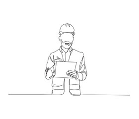 One continuous line drawing of civil engineer or Construction Supervisor looking at blueprint. single line of architect illustration. editable stroke