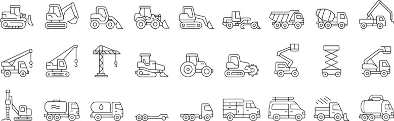 Construction vehicle line icon set. Vector pictograms of bulldozer, loader, grader, paver, roller, lowboy hauler, utility, concrete mixer, thin linear illustration.