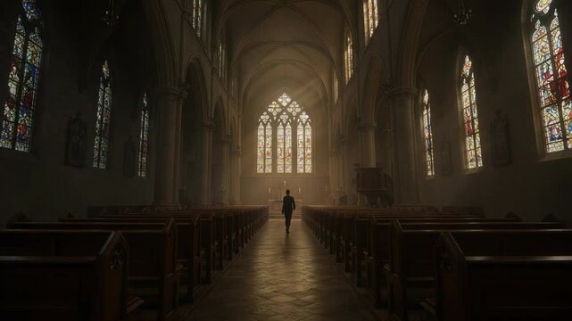 A person walking down the aisle of a church with stained glass windows and rows of pews inside