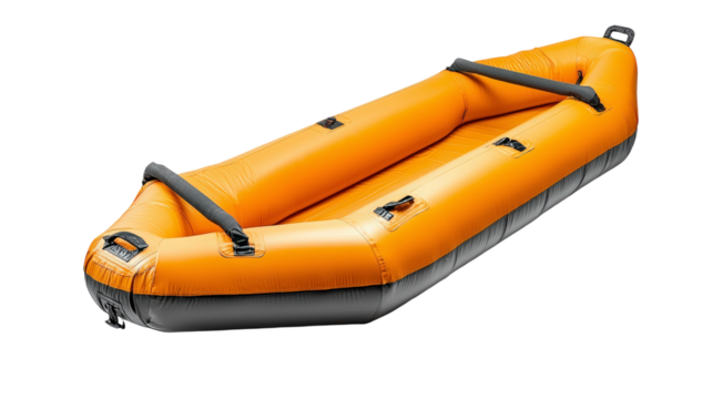 Bright Orange Inflatable Raft with Gray Bottom and Handles for Outdoor Adventure, Recreation, or Emergency Situations on Water