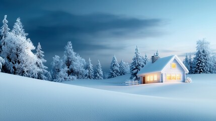 Naklejka premium A cozy cabin in a snowy landscape at twilight, surrounded by frosty pine trees.