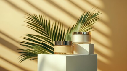 close up view of palm leaf, facial and body creams in glass jars on white cubes on beige background
