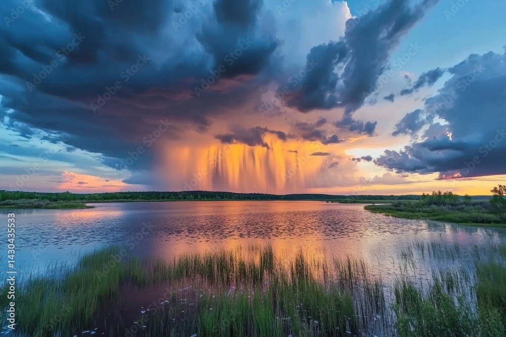 Poster Sunset timelapse over lake with dramatic clouds and rain in the distance, Beautiful sunset timelapse with sky and running rain clouds on blue sky time lapse clip