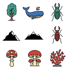 Biodiversity Pictograms – Flat Vector Icons of Tree, Whale, Insect, Mountain, Mushroom & Coral