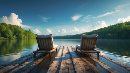 Naklejka premium Outdoor dock with a pair of chairs gazing at peaceful lake and summer sky