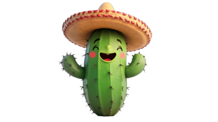 Cheerful cactus character on transparent background! Fun Cinco de Mayo illustration, perfect for greeting cards, party invites, posters, or website decoration. Festive and inviting!