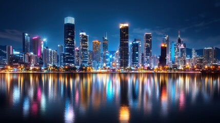 Fototapeta premium Vibrant city skyline at night with stunning reflections in the water.