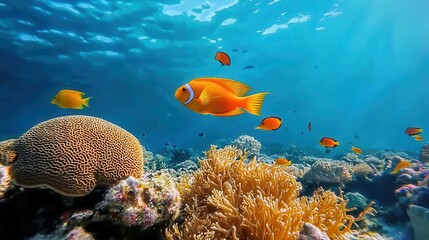 Obraz premium Vibrant underwater scene with a clownfish swimming among colorful coral reef.