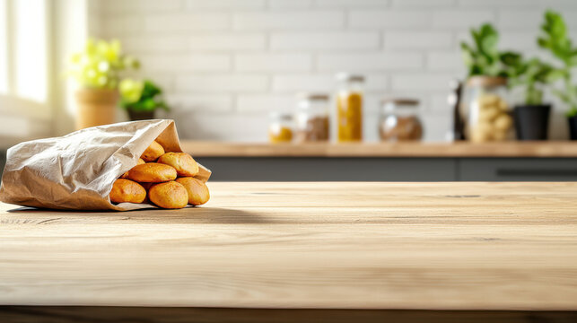 Fresh bread rolls spill from a brown paper bag onto a light wooden table in a bright kitchen, with blurred jars and plants in the background creating warmth.