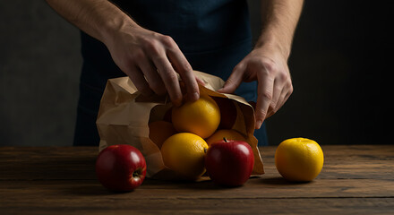 Hands Unpacking a Paper Bag of Red and Yellow Apples on Rustic Wood