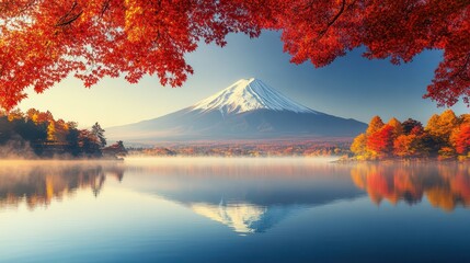 Colorful Autumn Season and Mountain Fuji with morning fog and red leaves at lake Kawaguchiko is one of the best places in Japan