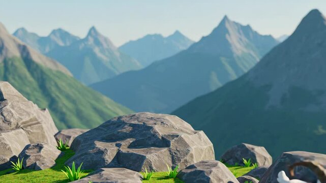 3D cartoon goat with playful mood climbing rocky hill nibbling grass against mountain peaks background