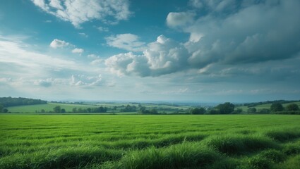 Obraz premium Serene village landscape with lush green grass and blue sky before rain during sunset