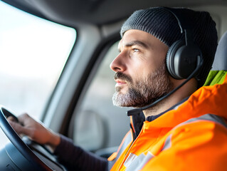 Close up of focused male delivery driver wearing headset while driving
