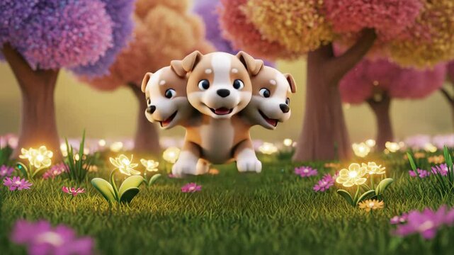 3D cartoon cerberus puppy playful in magical field with glittering flowers and colorful trees