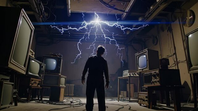 Man faces crackling blue bolts in cluttered basement as poltergeist energy erupts; poltergeist lightning arcs overhead, poltergeist scene sparks supernatural fear. Horror concept