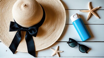 Beach holiday items arranged on a white wooden surface with an overhead view of the ocean