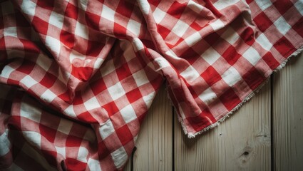 Fototapeta premium Wrinkled tablecloth featuring a checkered pattern on a light wooden surface, perfect for text placement