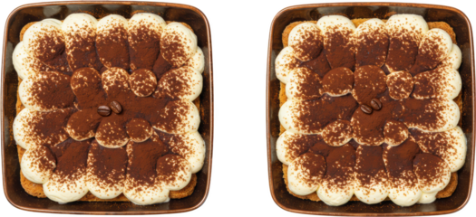 Two Tiramisu desserts in square dishes dusted with cocoa powder and coffee beans