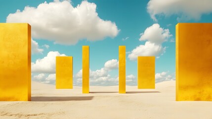 3d render Surreal desert landscape with white clouds going into the yellow square portals on sunny day. Modern minimal abstract background
