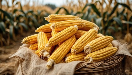 Corn cobs stored in burlap sack at the farm field during harvest season