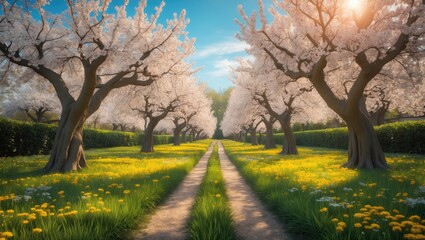 Obraz premium Enchanting garden scene with blossoming lush trees on a bright sunny day.