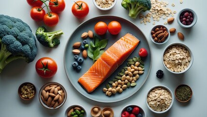 Healthy diet with fresh unprocessed foods on a white table from a top view