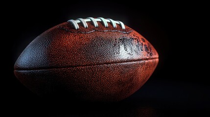 American football ball on black background illuminated by the with copy space on the right side