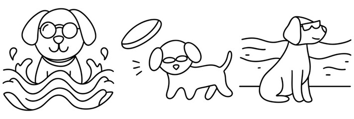 Naklejka premium playful dog wearing sunglasses enjoys sunny day at beach, splashing in water and playing with frisbee