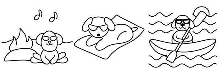 Relaxing dog wearing sunglasses on beach enjoying sun and waves while listening to music