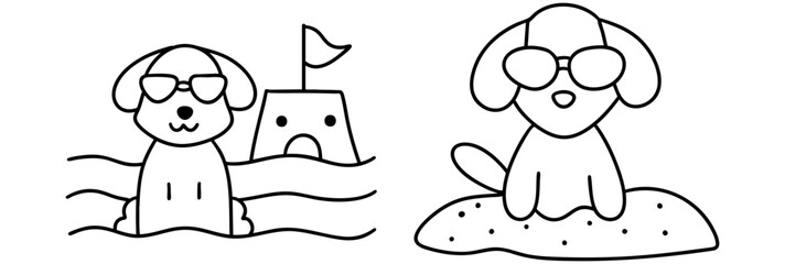 playful dog wearing sunglasses enjoys sunny day on beach while splashing in water near sandcastle