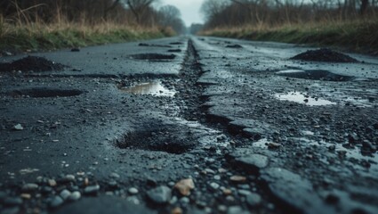 Fototapeta premium Wet and bumpy asphalt surface on the street