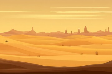Fototapeta premium Serene desert vista with distant ancient city under golden skies