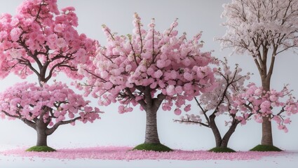 Obraz premium Isolated cherry blossom trees in full bloom against a white backdrop, spring collection