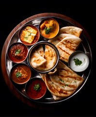 Delicious rustic indian thali featuring varied curries and naan indian restaurant food photography dark background culinary art